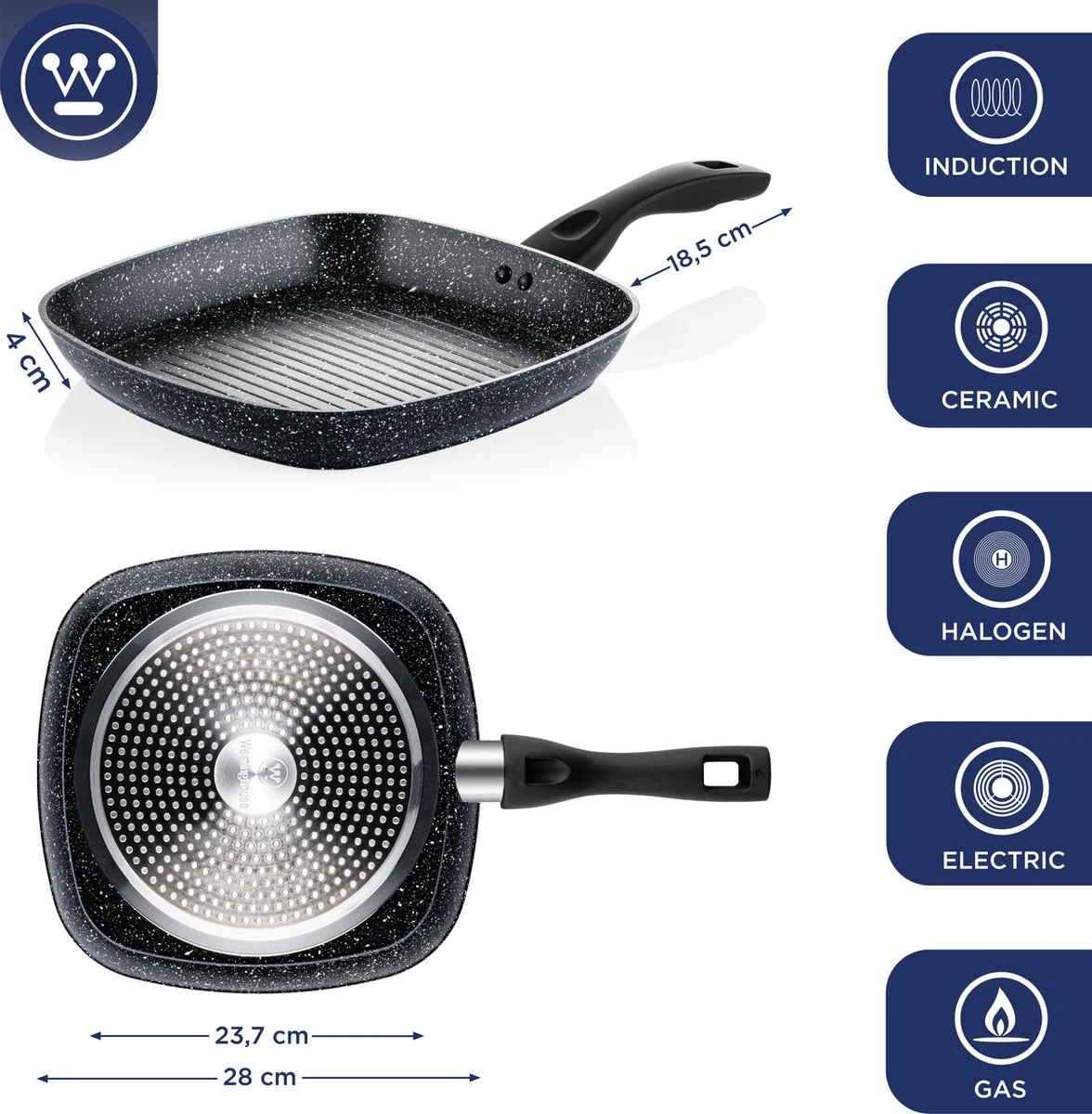 Westinghouse Grillpan - Ø 28 Cm - Zwart Marmer - Geschikt Voor Alle Warmtebronnen Inclusief Inductie - Steakpan Met Antiaanbaklaag- Aluminium 4 Westinghouse Grillpan - Ø 28 Cm - Zwart Marmer - Geschikt Voor Alle Warmtebronnen Inclusief Inductie - Steakpan Met Antiaanbaklaag- Aluminium - Afbeelding 2