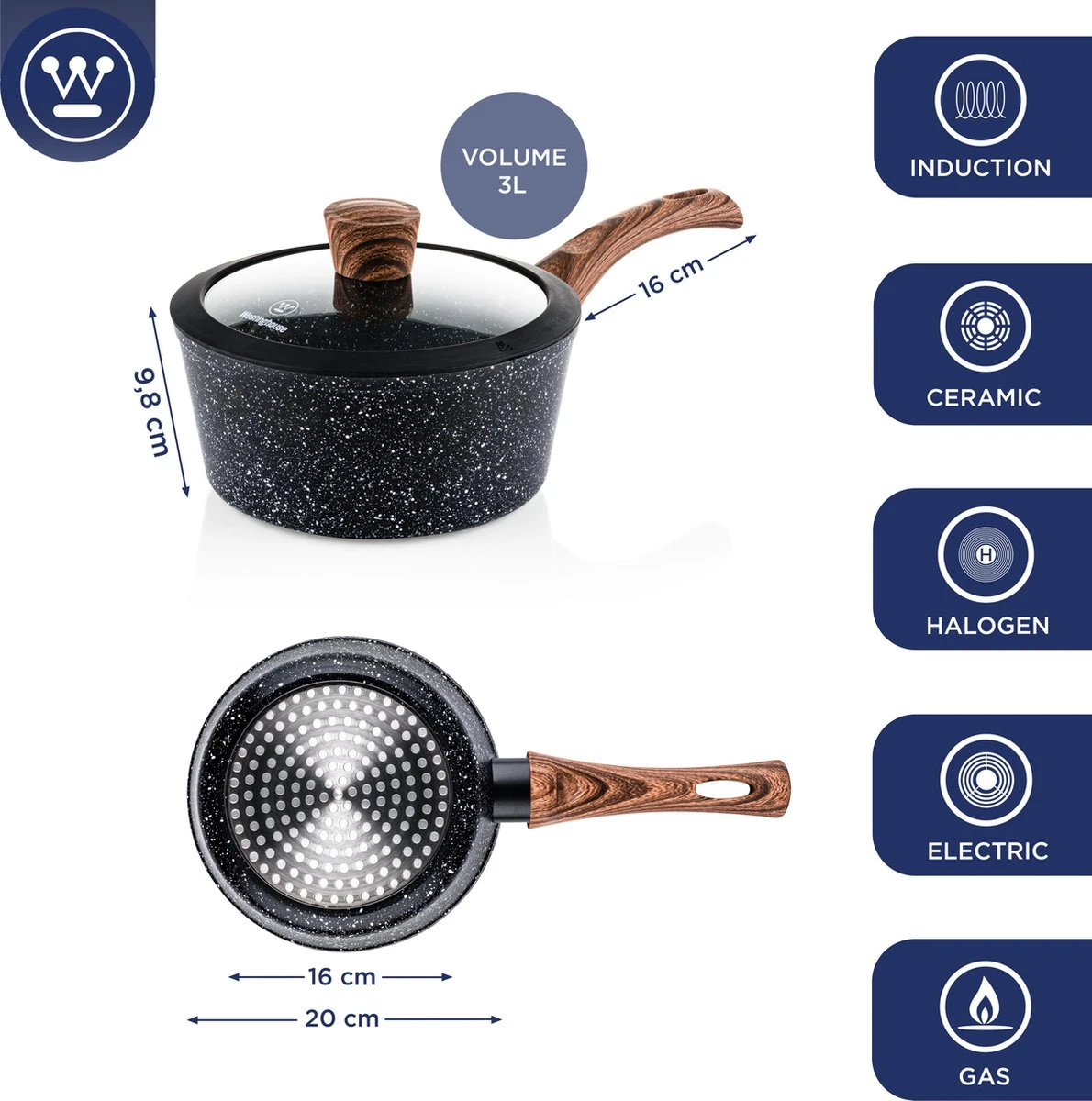 Westinghouse Steelpan Inductie - Ø 20 Cm - Zwart Marmer - Speciale Editie 4 Westinghouse Steelpan Inductie - Ø 20 Cm - Zwart Marmer - Speciale Editie - Afbeelding 2