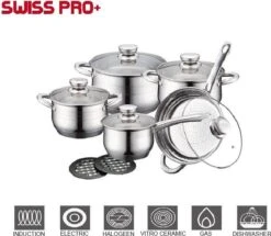 Swiss Pro + Pannenset - 12 Delig - RVS - Roestvrijstalen Kookgerei 18/10