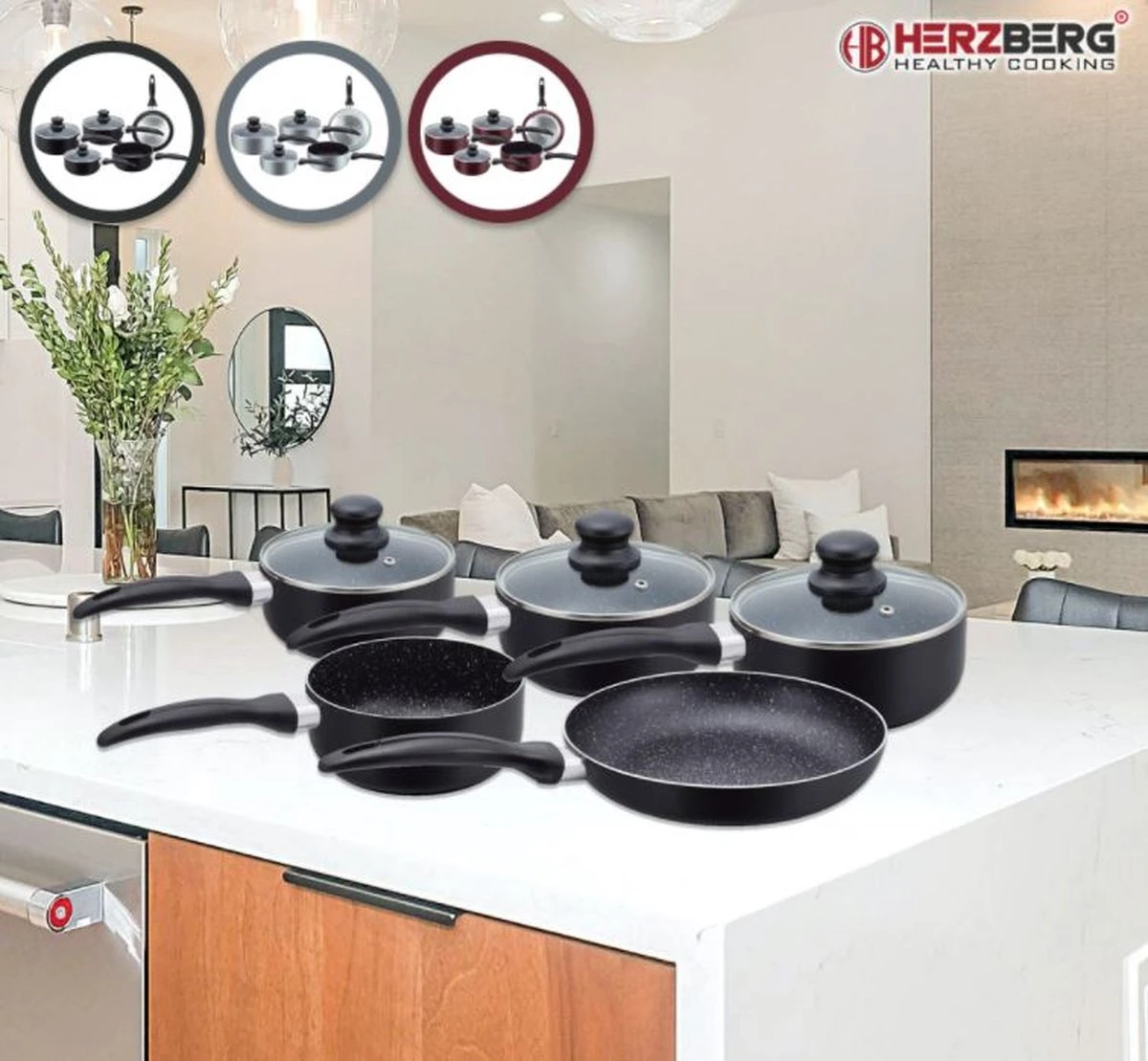 Herzberg HG-5003BK: 8 Pieces Marble Cookware Set - Black 7 Herzberg HG-5003BK: 8 Pieces Marble Cookware Set - Black - Afbeelding 5