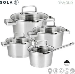 Sola Pannenset Diamond - 4 Delig - Ø 16,16,18,20 Cm - Zilver - RVS - Sandwichbodem -Thuiskeuken 1200x1183