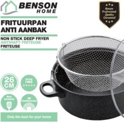 Benson Frituurpan Met Korf - Ø 26 Cm - Carbonstaal Met Marmer Coating -Thuiskeuken 1200x1192