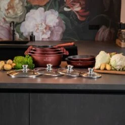 Herenthal Pannenset Inductie - Luxe 10-delige Koekenpan Inductie - Voor Alle Warmtebronnen - Pannen Met Glazen Deksels En Koudgrepen - Burgundy -Thuiskeuken 1200x1200 120