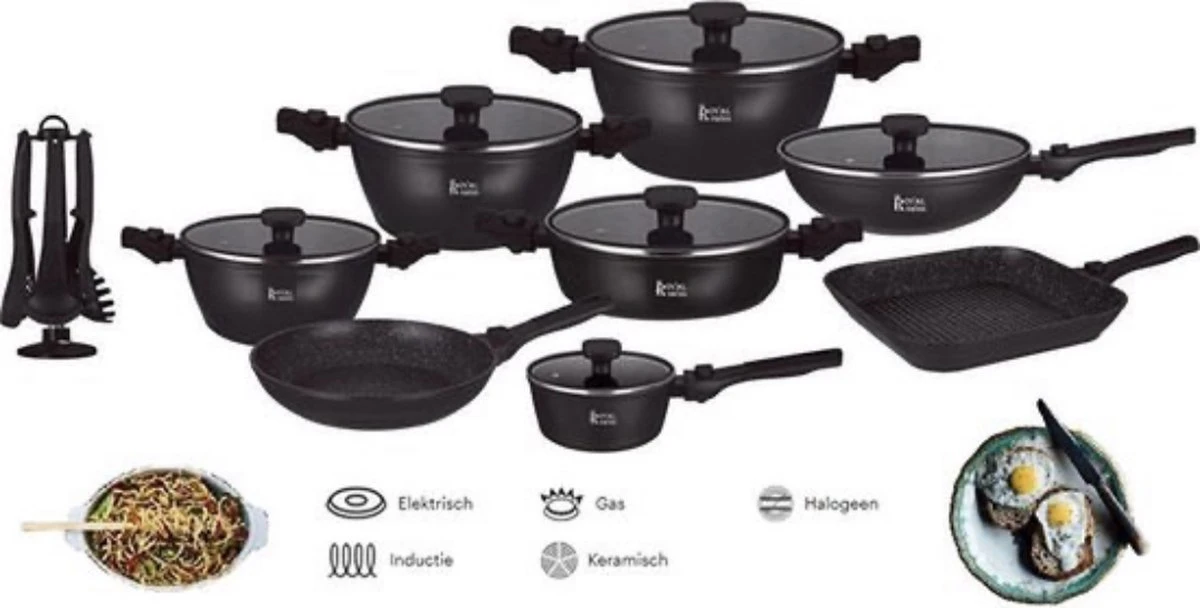 Royal Swiss® - Set Lot 33-delige - Pannenset Inductie - Steengoeden - Afneembare Handgreep - Glazen Deksel - Geschikt Voor Oven - PFAS-vrij + Keukengerei 8 Royal Swiss® - Set Lot 33-delige - Pannenset Inductie - Steengoeden - Afneembare Handgreep - Glazen Deksel - Geschikt Voor Oven - PFAS-vrij + Keukengerei - Afbeelding 6