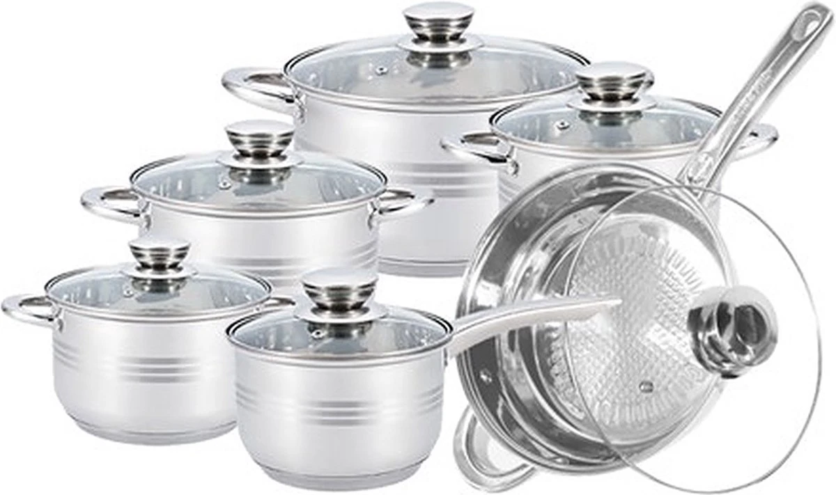 Pannenset 13 Delig - RVS - Pan / Steelpan / Koekenpan - Met Glazen Deksels - Inductie - PFAS-vrij 4 Pannenset 13 Delig - RVS - Pan / Steelpan / Koekenpan - Met Glazen Deksels - Inductie - PFAS-vrij - Afbeelding 2