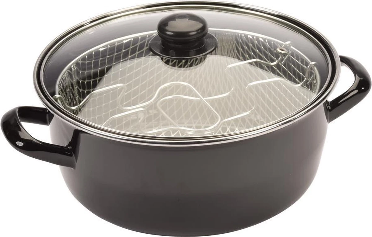 Frituurpan Emaille - Glazen Deksel - Korf - Ø 20cm 3 Frituurpan Emaille - Glazen Deksel - Korf - Ø 20cm