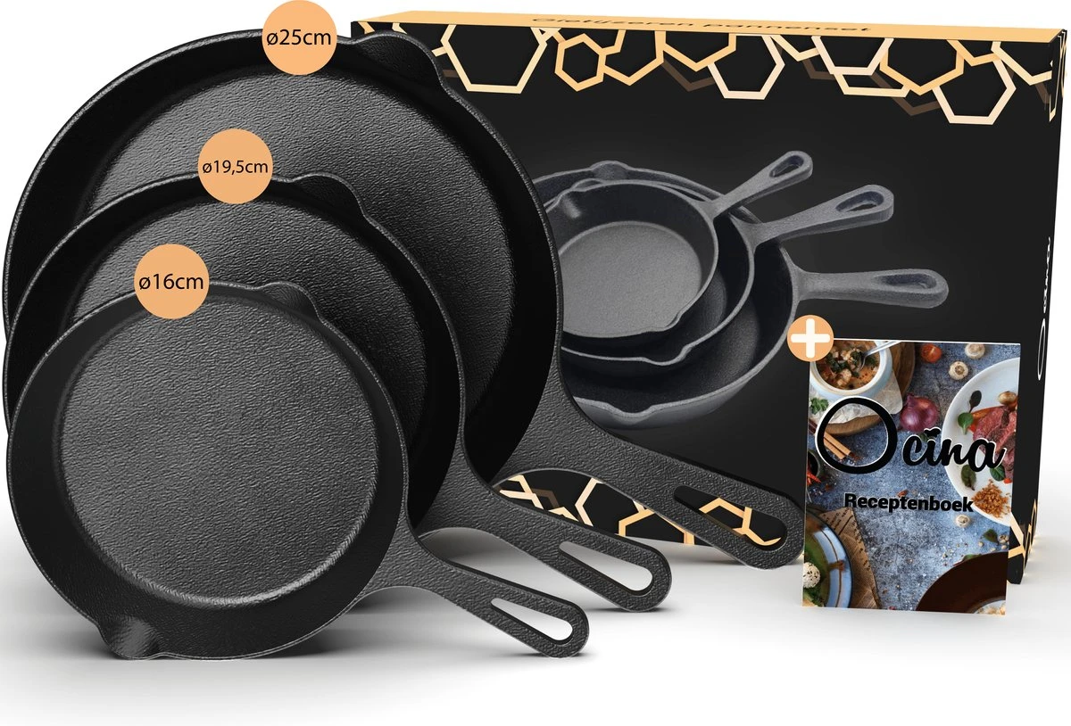 Ocina Gietijzeren Pan – Set Van 3 Stuks – ø25cm, ø19.5cm En ø16cm - Skillet - Koekenpan – Hapjespan – Koekenpan Inductie – Koekenpannenset - Gietijzeren Pan Bbq - Gietijzer - Incl. Receptenboek 3 Ocina Gietijzeren Pan – Set Van 3 Stuks – ø25cm, ø19.5cm En ø16cm - Skillet - Koekenpan – Hapjespan – Koekenpan Inductie – Koekenpannenset - Gietijzeren Pan Bbq - Gietijzer - Incl. Receptenboek