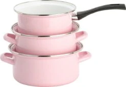 Lite-Body Pannenset - 3-delig - 2 Kookpannen & 1 Steelpan - Emaille - Serafijn Roze -Thuiskeuken 1200x836