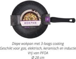 Granite Stone Wokpan - Ø 28cm– PFOA-vrij – Aluminium – Drielaag Coating – 3-laags Antiaanbaklaag – Elegant – Koken – Wokken – Gourmetten – Cadeau- Keuken – Gas – Elektrisch - Keramisch En Inductie – Wok Pan -Thuiskeuken 1200x933