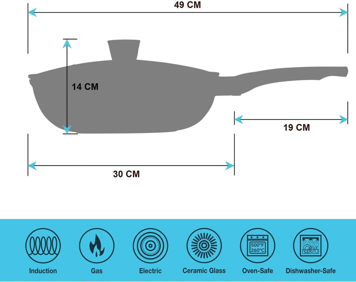 Marble Coating Wokpan Inductie - Met Glazen Deksel - Zwart - 30 Cm 7 Marble Coating Wokpan Inductie - Met Glazen Deksel - Zwart - 30 Cm - Afbeelding 5