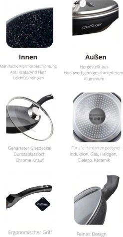 Cheffinger Koekenpan - Met Deksel - Marmeren Coating - 26 Cm - Zwart -Thuiskeuken 623x1200